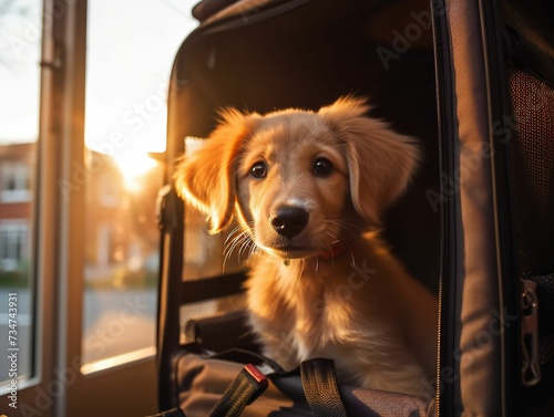 AI generated illustration of a brown puppy sitting in a bag on the background of sunset photo