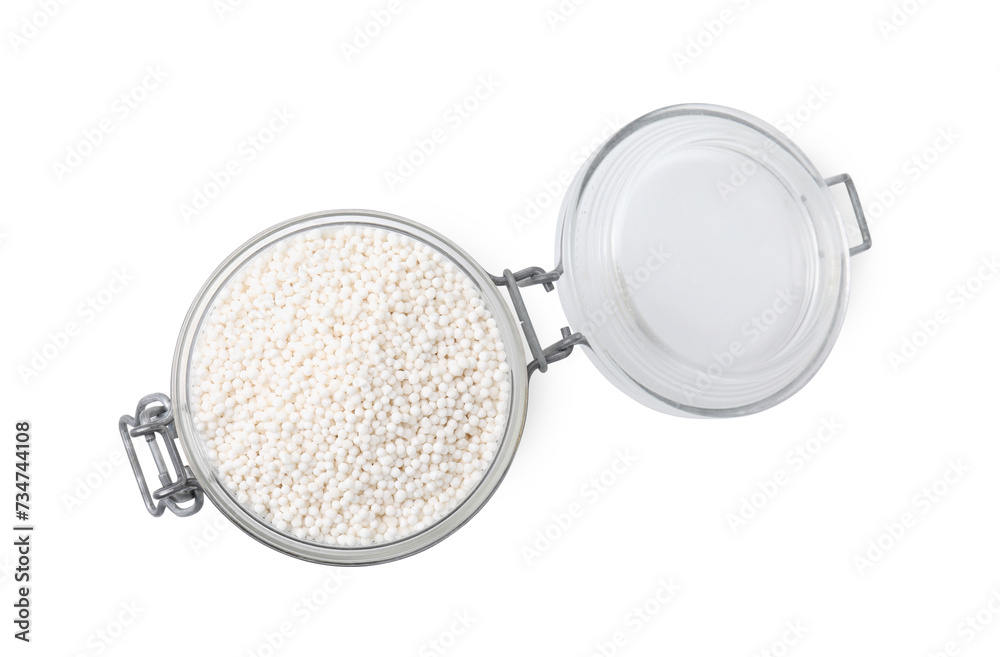 Tapioca pearls in jar isolated on white, top view Tapioca pearls in jar isolated on white, top view
