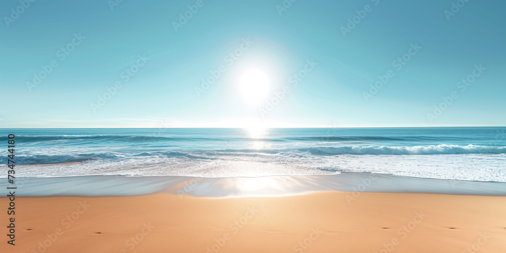 Tropical golden beach landscape, turquoise sea summer with gentle ocean waves.