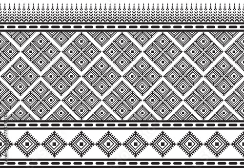 Tribal traditional fabric batik ethnic. ikat floral seamless pattern leaves geometric repeating Design for wallpaper, wrapping, fashion, carpet, clothing. Black and white