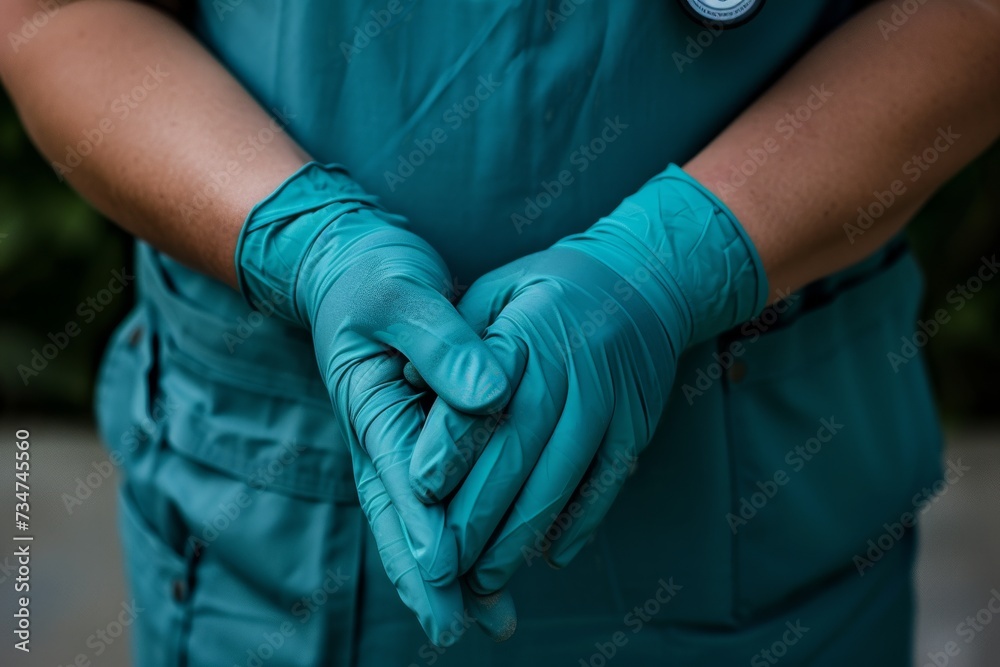 healthcare professional in teal attire, forming a heart shape with their gloved hands, symbolizing love and compassion in their profession healthcare professional in teal attire, forming a heart shape with their gloved hands, symbolizing love and compassion in their profession