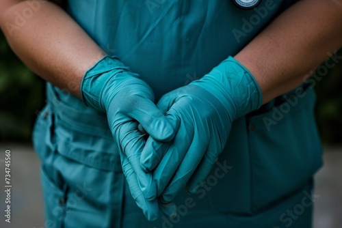 healthcare professional in teal attire, forming a heart shape with their gloved hands, symbolizing love and compassion in their profession © Suhardi