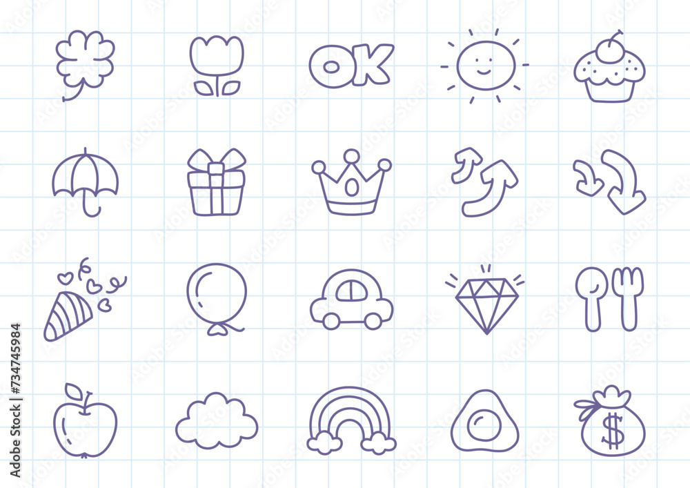 Kawaii icon set. Collection of cute hand drawn stickers isolated on a checkered background. Vector 10 EPS.
Kawaii icon set. Collection of cute hand drawn stickers isolated on a checkered background. Vector 10 EPS.