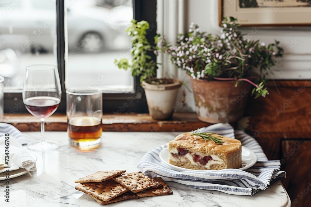 A table displaying a plate of food and a glass of wine.