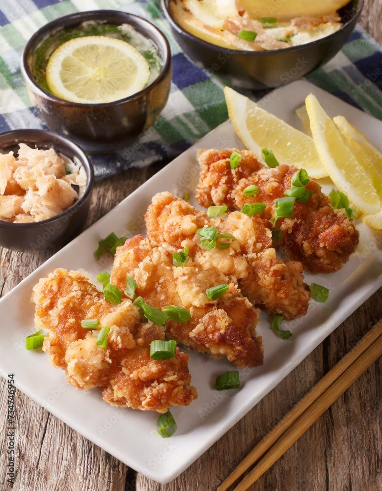 Fried Chicken presented in a Tasteful Way - Japanese Karaage Fried Chicken - Battered Chicken Deep Fried Fried Chicken presented in a Tasteful Way - Japanese Karaage Fried Chicken - Battered Chicken Deep Fried
