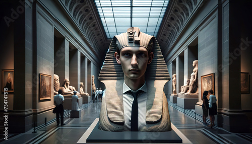 Surreal artwork blending a human face with an ancient Egyptian sphinx statue in a museum gallery, surrounded by classical sculptures and framed paintings.Digital art concept. AI generated. photo