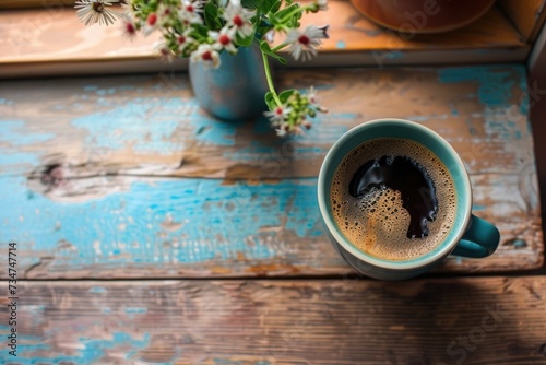 love to drink coffee to increase energy coffee cup background. Top view, flat lay