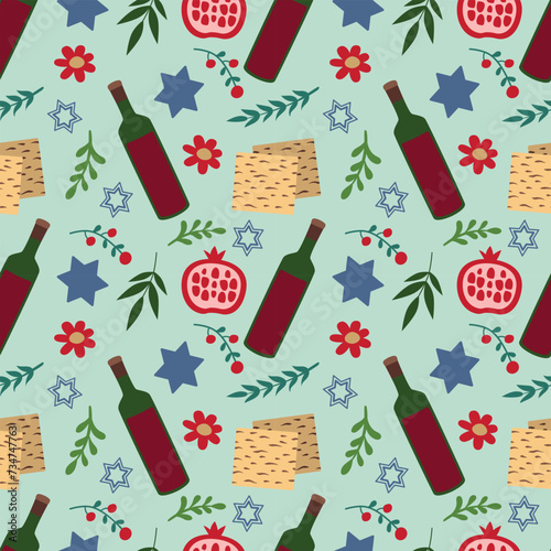 Seamless Passover pattern. Wine, matzo, fruits and flowers. For packaging, background, greeting card, textile