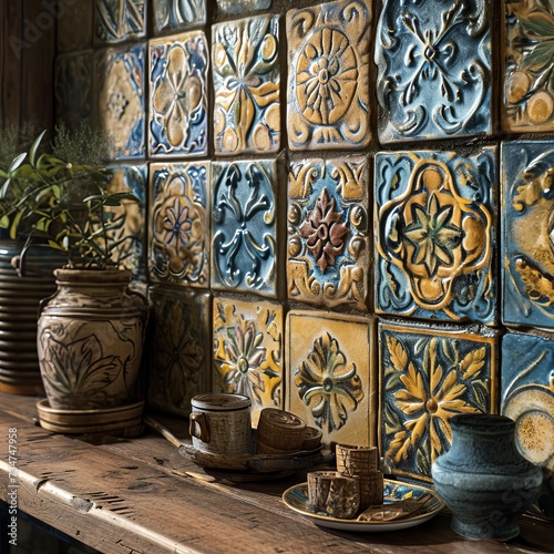 vintage ceramic tiles rustic pottery wooden shelf
