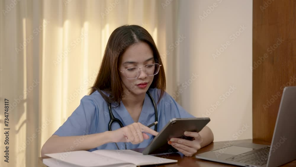 Young Asian female doctor wearing doctor's shirt, wears glasses, stethoscope hanging from neck, holding laptop in one hand, other hand was holding pencil write down various information in notebook. Young Asian female doctor wearing doctor's shirt, wears glasses, stethoscope hanging from neck, holding laptop in one hand, other hand was holding pencil write down various information in notebook.