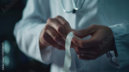 medical professional is meticulously handling a strip of adhesive bandage, preparing it for application photo