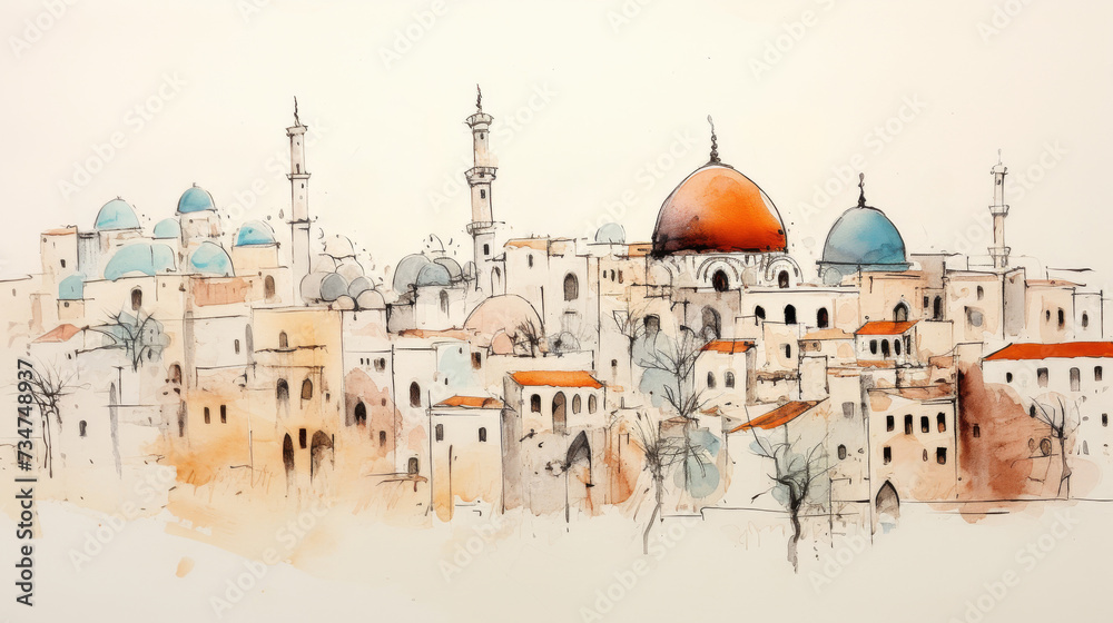 Generative AI image of Watercolor line art sketch, Jerusalem, minimalist, very simple, 2 tones
