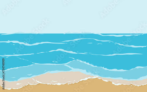 eye level view illustration of blue beach with small waves