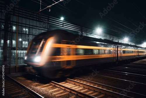 Fast train in blurred city at night. High quality. Generative AI
