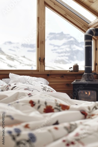 Cozy Mountain Cabin Bedroom with Snowy Peaks View Through Window