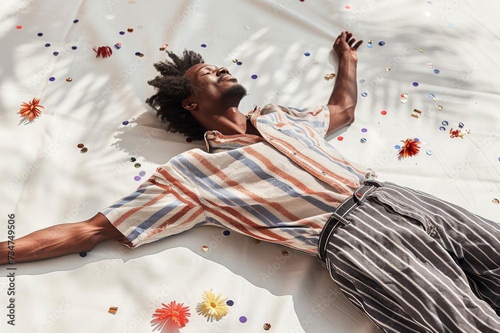 Obraz premium Young Man Lying Relaxed on White Floor Surrounded by Colorful Confetti