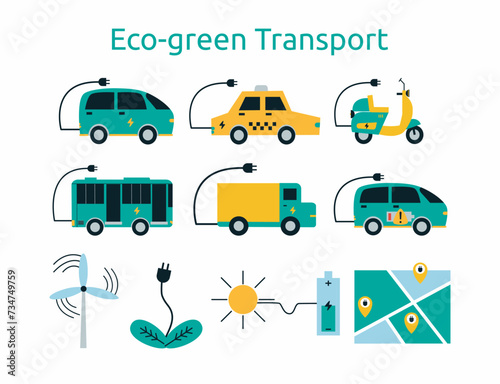 Eco Transport Flat Vector Illustration. Electric car, bus, bike, truck, taxi or cab hand drawn illustration. Eco green transport illustration. Electric Vehicle Vector.