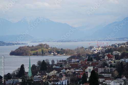 Fotografie Horgen, hirzel, and halbinsel au with view on zurich see and the horgen church