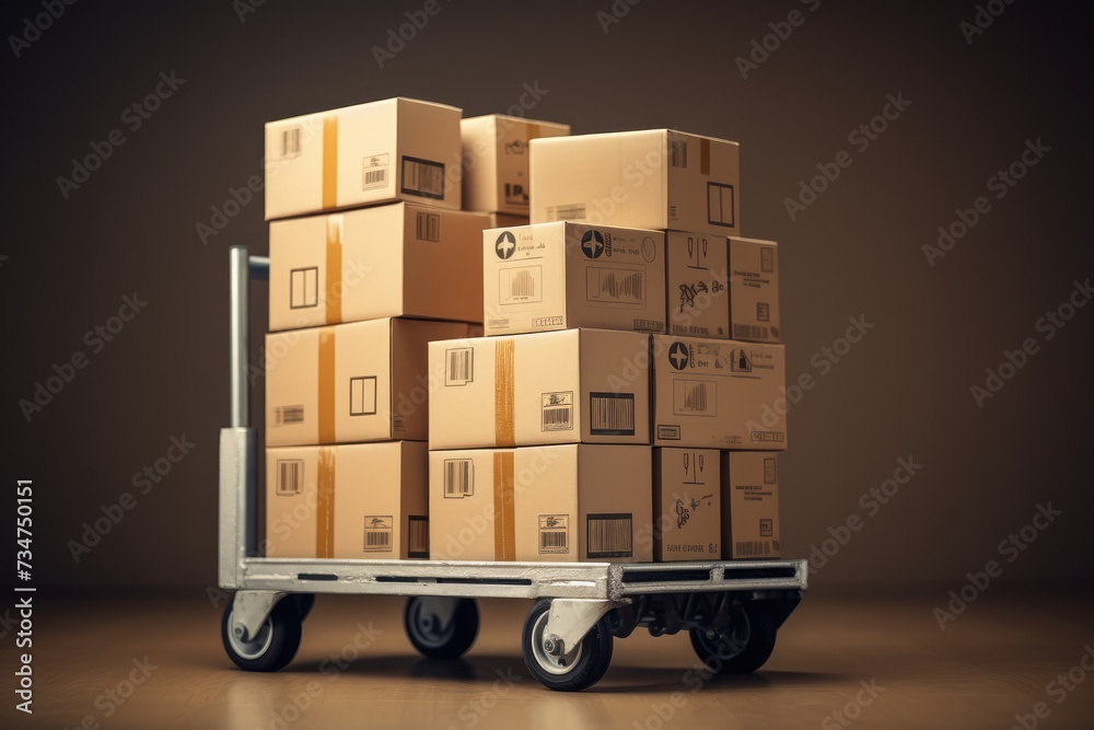 Cardboard box packages on the trolley. Logistics and distance service,concept delivery shopping online screen shop store, AI generated Cardboard box packages on the trolley. Logistics and distance service,concept delivery shopping online screen shop store, AI generated