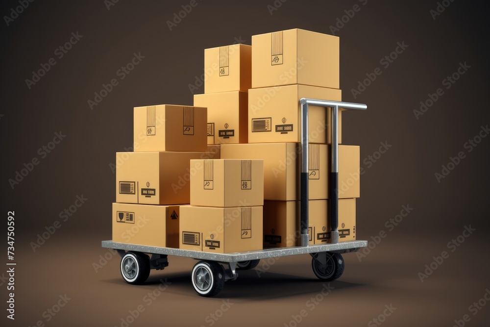 Cardboard box packages on the trolley. Logistics and distance service,concept delivery shopping online screen shop store, AI generated Cardboard box packages on the trolley. Logistics and distance service,concept delivery shopping online screen shop store, AI generated