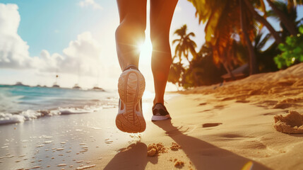 Legs of a woman wearing sports shoes running on the beach on summer holidays