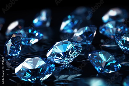 Brilliant blue diamonds scattered on dark surface  sparkling intensely