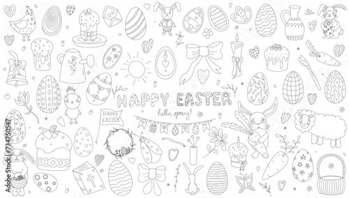 Happy Easter doodle set. Easter bunny, butterflies, chick, eggs, branches and flowers. Vector illustration isolated on white background