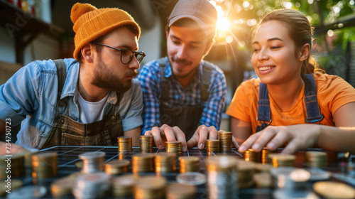 Three young man and woman with hipster style counting and comparing their savings with stack of coins in front of them photo