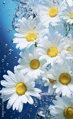 White daisy flower with water splashes isolated on softly holo background. Banner  copy space.