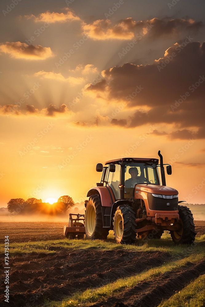 Fototapeta premium Modern tractor plowing at the sunset background. Generative Ai