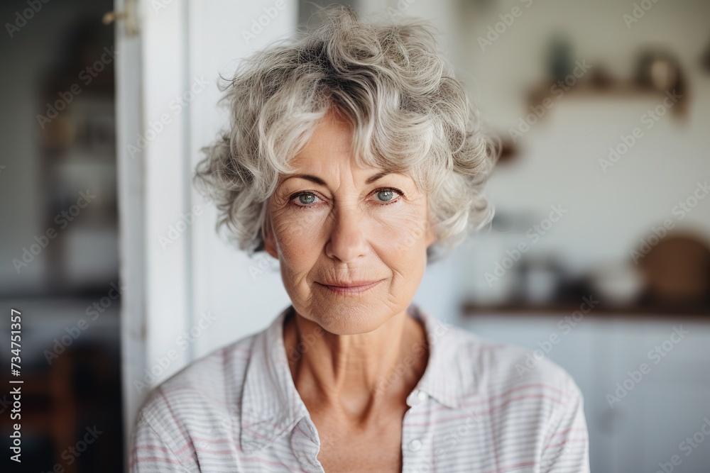 Confident senior woman with curly grey hair and white blouse Confident senior woman with curly grey hair and white blouse