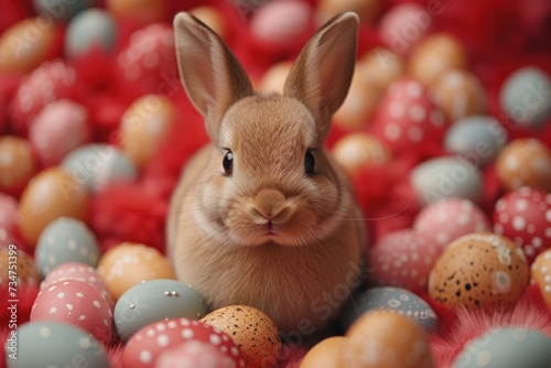 Easter rabbit against background of multi-colored Easter eggs, Easter day concept