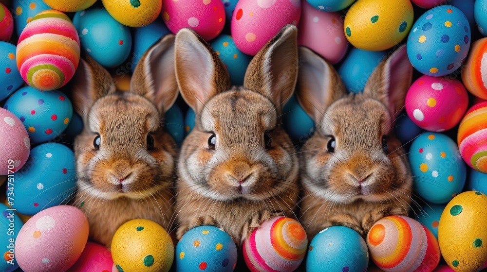 three Easter rabbits against the background of multi-colored Easter eggs, Easter day concept