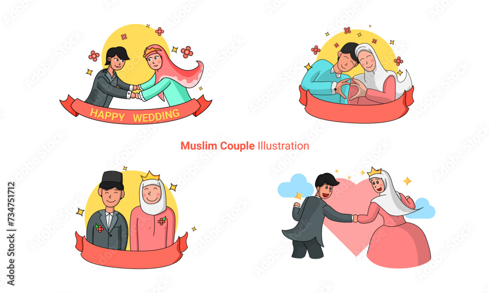 Obraz premium Muslim couple cartoon Set perfect for wedding invitation