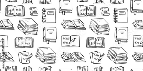 Books seamless pattern with doodle illustration. Literature education, library literature, open novel, dictionary, notes with pen, textbook line background hand drawn elements