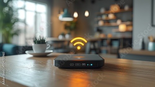 A WiFi router emitting signals against the backdrop of a room photo