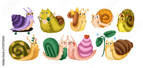 Cute snails set. Funny slow slugs. Slimy animals, happy kawaii baby character...