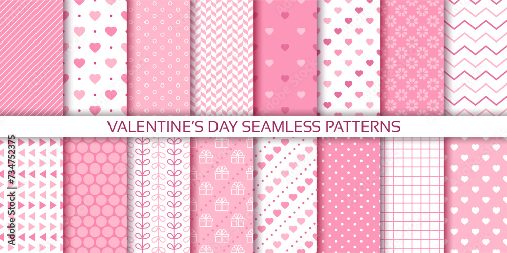Pink backgrounds. Valentine's day seamless pattern. Love textures with heart, dots, zigzag and plaid. Cute romantic prints. Set retro wrapping papers. Girly romance backdrops. Vector illustration Pink backgrounds. Valentine's day seamless pattern. Love textures with heart, dots, zigzag and plaid. Cute romantic prints. Set retro wrapping papers. Girly romance backdrops. Vector illustration