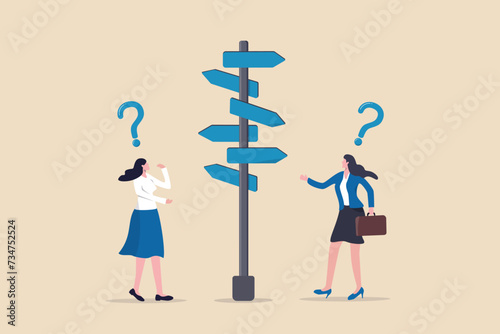 Decision choice, confusion, doubt for opportunity, challenge to choose career path, way to success or tough decision, way to solve problem concept, confused businesswoman make decision choosing path.