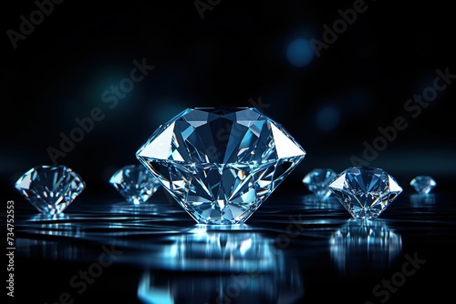 Brilliant blue diamonds scattered on dark surface  sparkling intensely