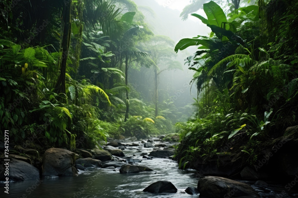 Tropical jungle rainforest in the daytime, Asian tropical rainforest, Asian tropical jungle rainforest in daytime. Neural network, Ai generated