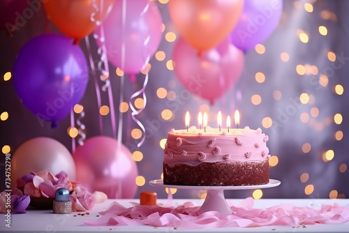 Birthday photo zone. Party celebration background. Balloons and cake. Confetti