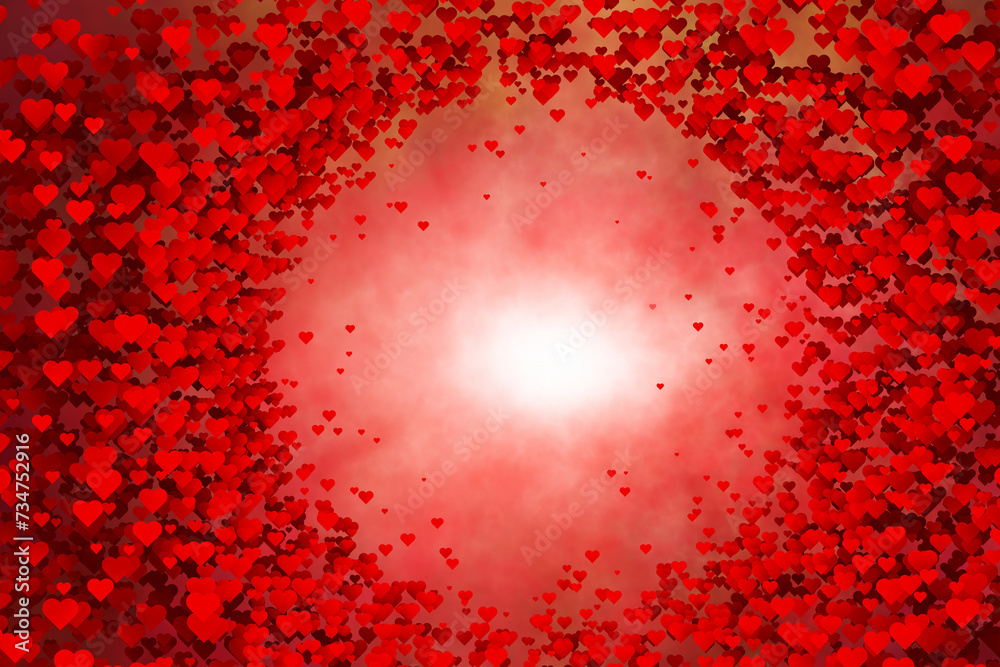 Abstract glowing red hearts with circle copy space illustration background.