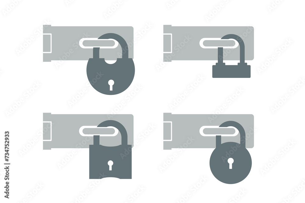 Door lock silhouette with keyhole. Padlock icon. Locked padlock with door hinge buckle vector set. Icons of locked lock on background. Flat vector illustration. Isolated Door lock silhouette with keyhole. Padlock icon. Locked padlock with door hinge buckle vector set. Icons of locked lock on background. Flat vector illustration. Isolated