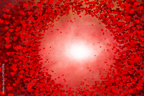 Abstract glowing red hearts with circle copy space illustration background.