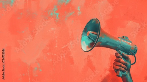 vintage pink megaphone is held aloft by a hand with red painted fingernails