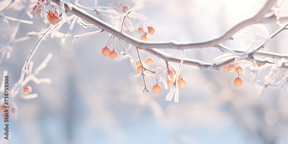 snow covered leaves on a tree branch in the winter sun 