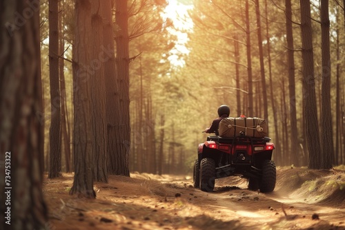 atv with cargo heading through a pine forest