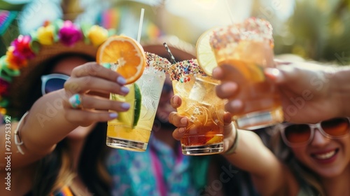 Group of friends enjoying colorful cocktails decorated with fruit and sprinkles at a party, Cinco De Mayo celebration