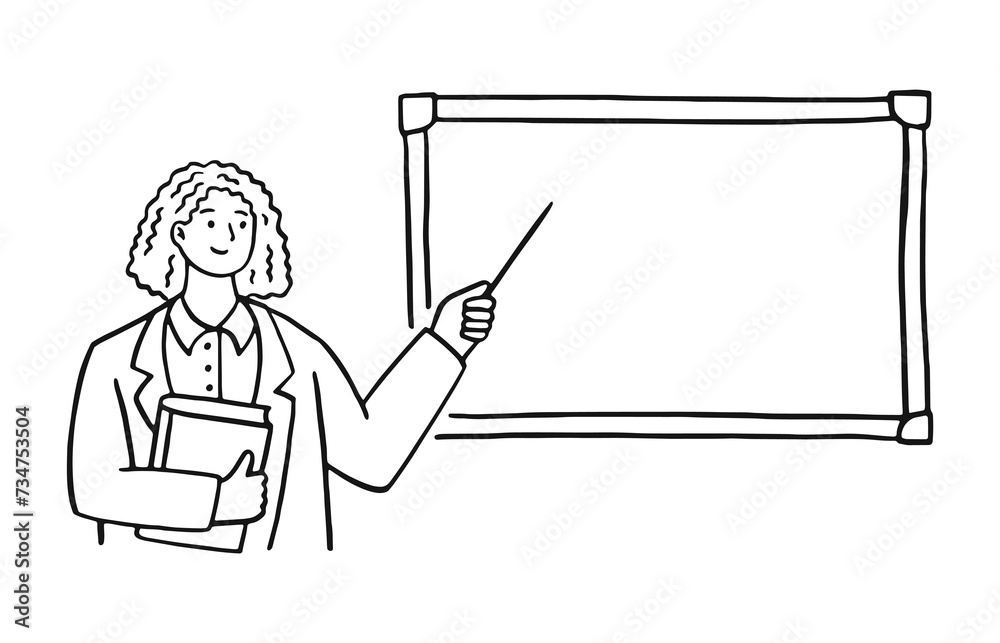 Teacher pointing on blackboard, education doodle vector illustration in line hand drawn style Teacher pointing on blackboard, education doodle vector illustration in line hand drawn style